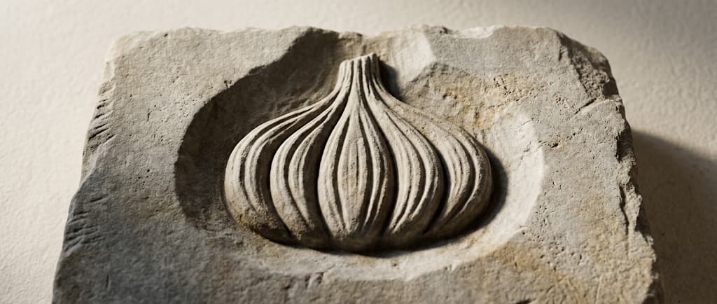 A garlic bulb carved in relief