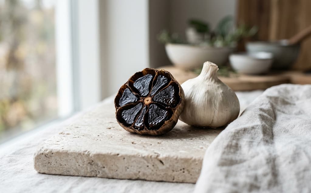 A halved black garlic bulb beside a raw white one