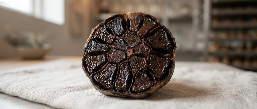 A black garlic bulb sliced in half, dark glossy cloves in cross-section