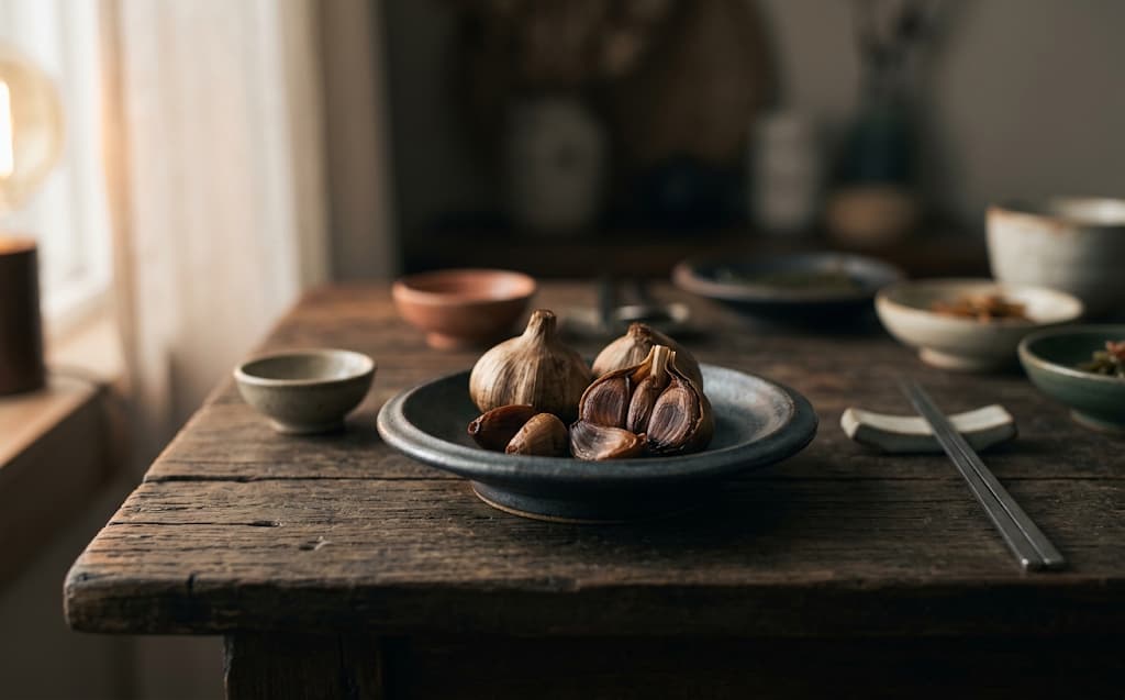 Black garlic cloves on a dark ceramic dish